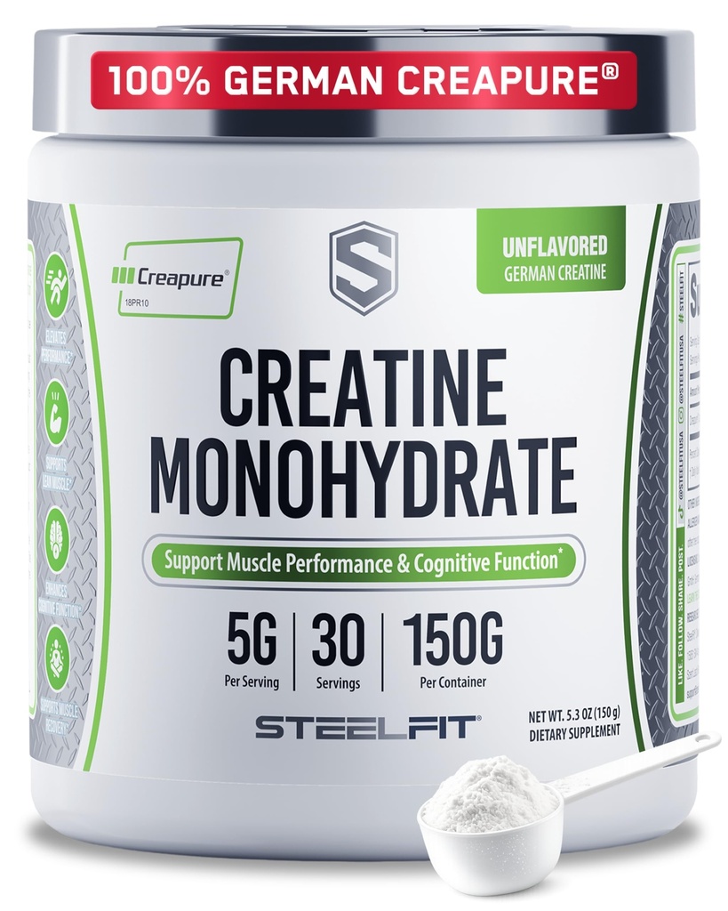 SteelFit Creapure Creatine Monohydrate Powder - German Creatine Powder for Men & Women - Gym Workout Nutritional Supplements for Muscle Gain, Brain Health & Strength Building, 5g Per Serv, 30 Servings
