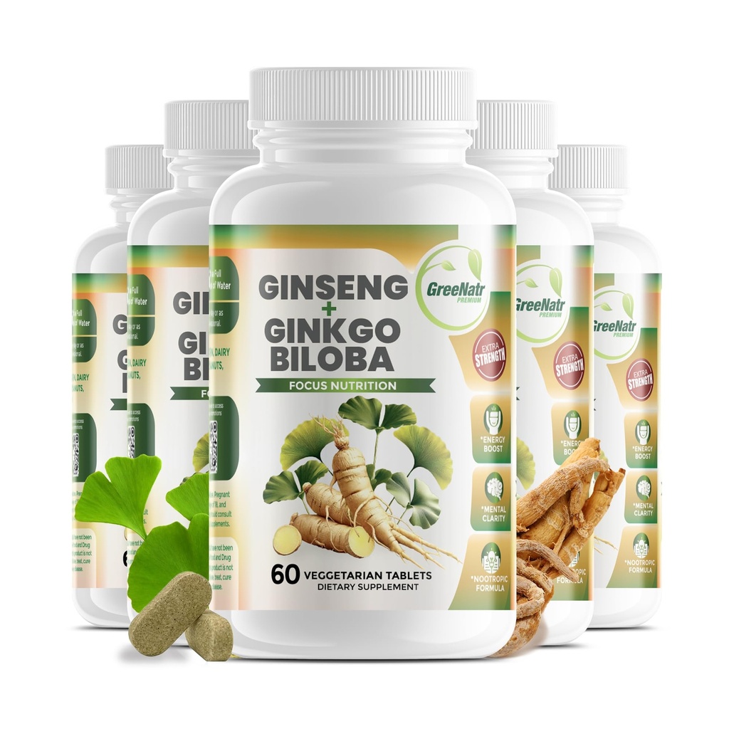 GreeNatr Ginko Biloba & Panax Ginseng Supplement - Roter Ginseng für Gedächtnis und Fokus - Ginkgo Biloba für gute Vision, Immunsystem und verbesserten Blutfluss (360 Tabletten: 6 Flaschen)