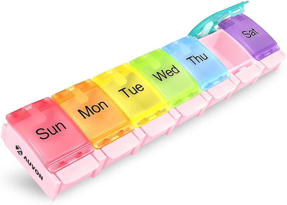 AUVON Wöchentliche Pille Organizer Arthritis Friendly, BPA Free Travel 7 Day Pill Box Case mit Spring Open Design und große Menge an Vitaminen, Cod Liver Öl, Ergänzungen und Medikamente zu halten