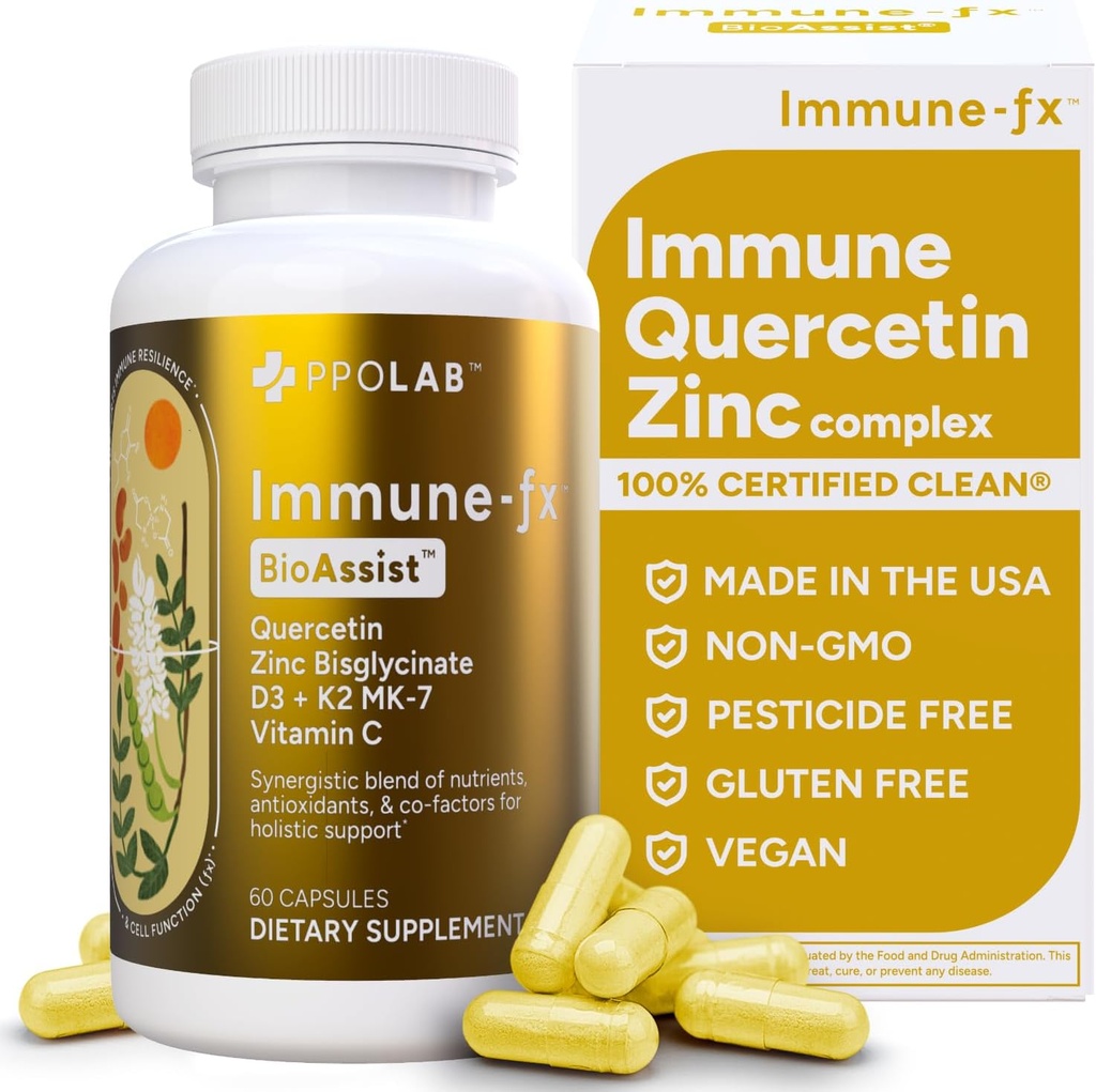 Immune-fxTM Advanced Chélaté Zinc Ionophore Immune Support & Allergy Health Supplement, Quercetin 500mg, Vitamine C antioxydante, D3, K2 MK7, Promote l'ADN, le coeur, le poumon, la santé du sinus, 60 Capsules Vegan