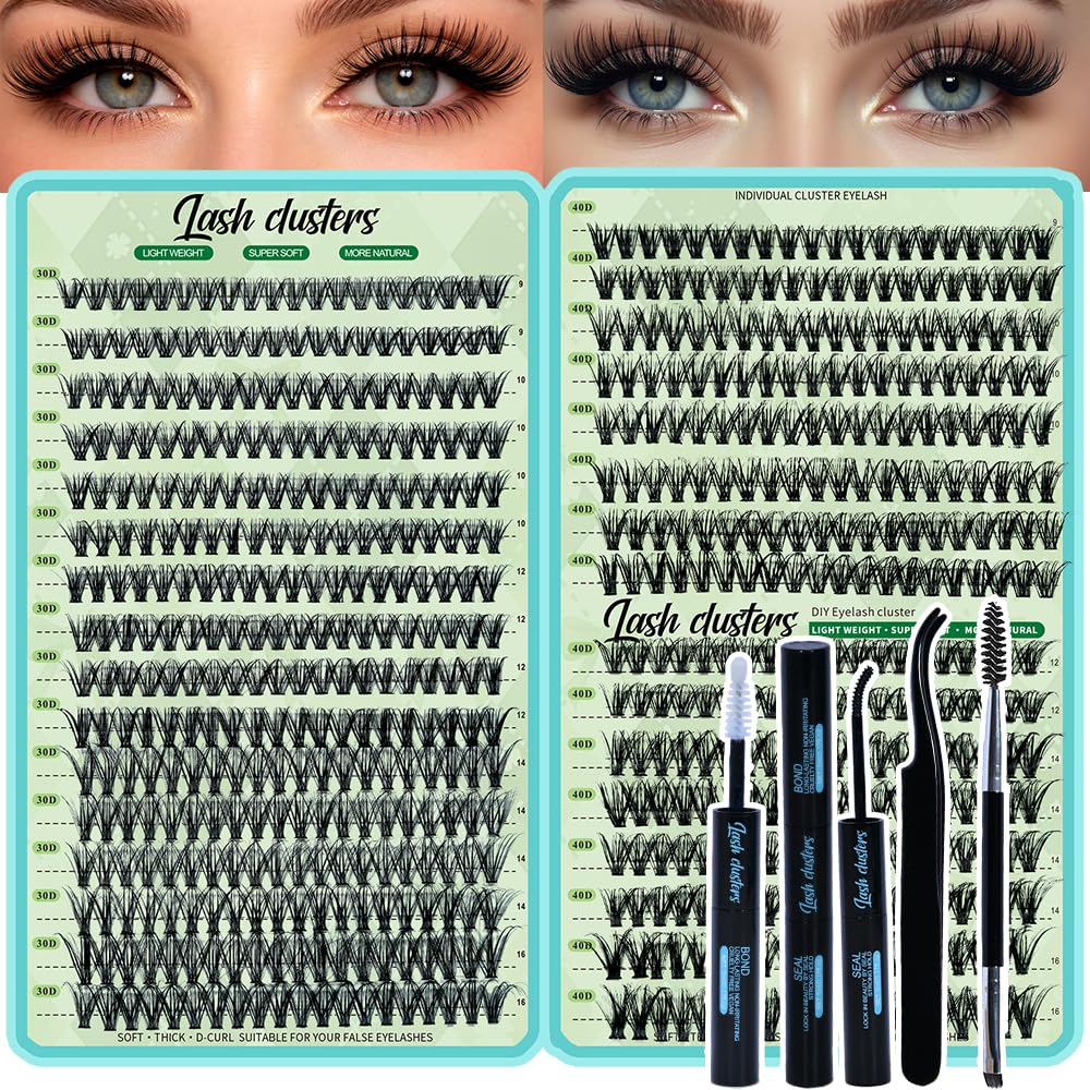 Lash Clusters Kit 640pcs Wispy Lash Clusters 30D+40D Eyelash Clusters D Curl Individual Lash Extensions Natural 9-16mm with Bond & Seal, Brush, Tweezers