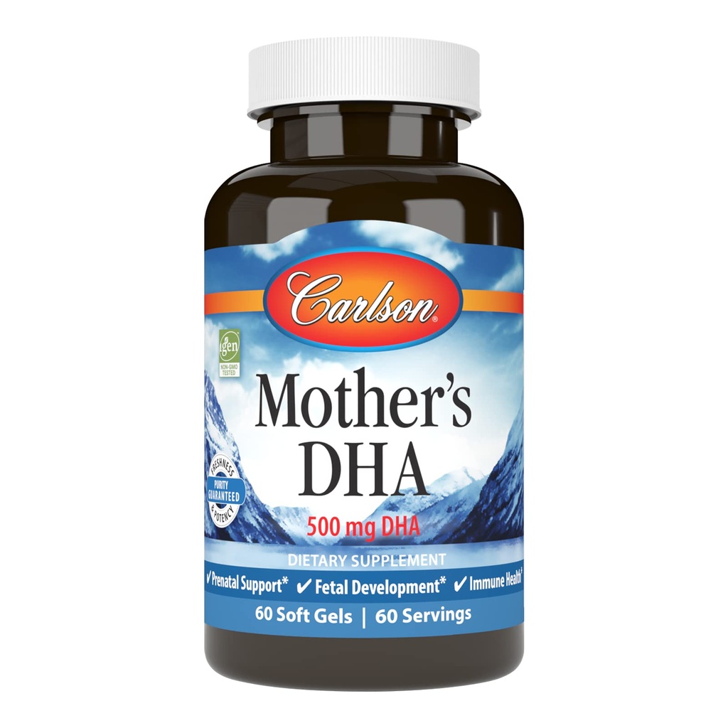 Carlson - DHA de la mère, 500 mg DHA, soutien prénatal, développement foetal et santé immunitaire, 60 Softgels