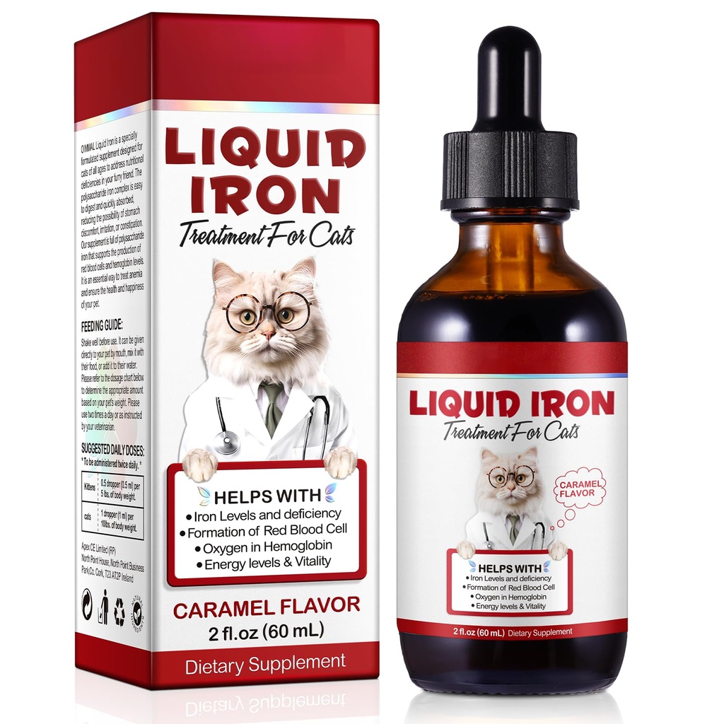 Fer liquide pour les chats, gouttes de fer liquide pour les chats soutient l'anémie, les niveaux de fer faible et les chats léthargie- améliorer les niveaux d'énergie et la vitalité, aliments pour animaux de compagnie supplément vitamine chat, caramel saveur - 2 fl.oz