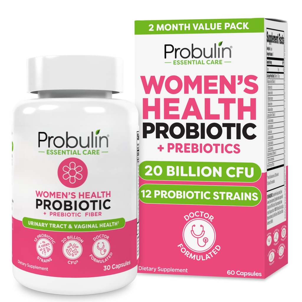 Probiotique pour femmes probulines - Santé vaginale, UT, Gut & Immune avec Lactobacillus Reuteri - 20 milliards CFU, 12 souches probiotiques et prébiotiques - 60 capsules Vegan, sans gluten pour le bien-être du corps entier
