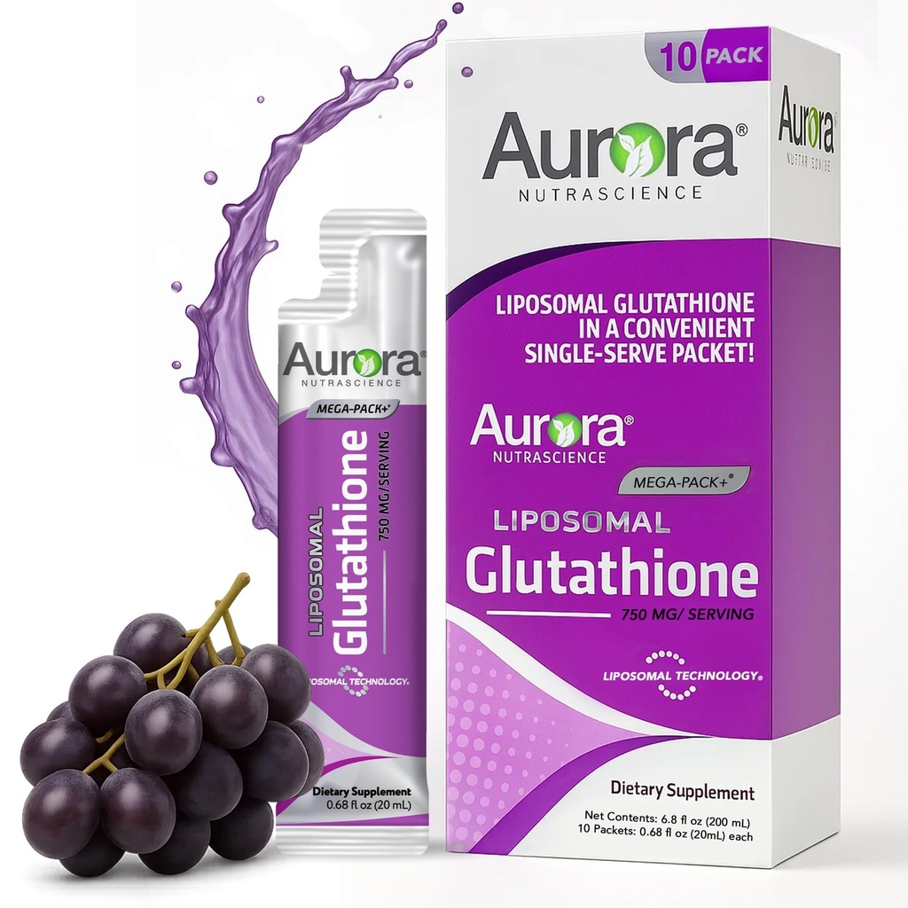 Aurora Nutrascience Mega-Pack Liposomal Glutathione - 750 mg Liquid Supplement, Antioxidant Support for Men & Women, Sugar Free, Non-GMO, Liposomal Glutathione Packets - 10 Single Serve Packets