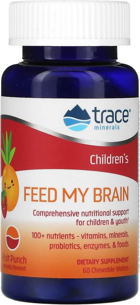 Trace Minerals Kinderfutter Mein Gehirn - Brain-Supplement für Kinder - Multivitamin für Fokus-Support mit Enzymen, Vitaminen & Minerals - Frucht-Punch Flavor, 60 Chewable Wafers (30 Portionen)