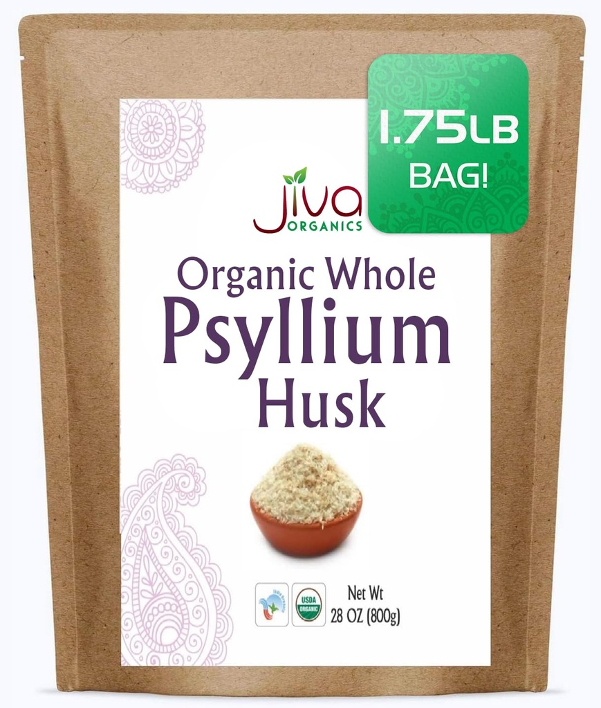 Jiva Organics Psyllium entier Musque (Isabgol) 1,75 LB (28 Oz) Sac Jumbo - Non-OGM, Non aromatisé - Céto Friendly, fibre soluble