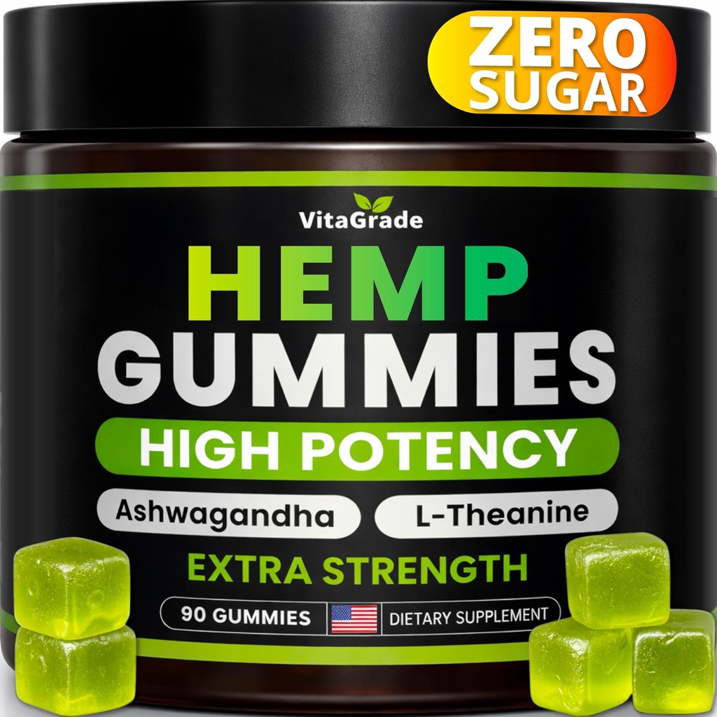 Hemp Gummies - Zero Sugar - Extra Strength for Peace & Relaxation - Infused with Hemp Oil, Ashwagandha, L-Theanine - Tasty Relaxation Supplement - Natural Relief - 90 Ct - Formulated in USA