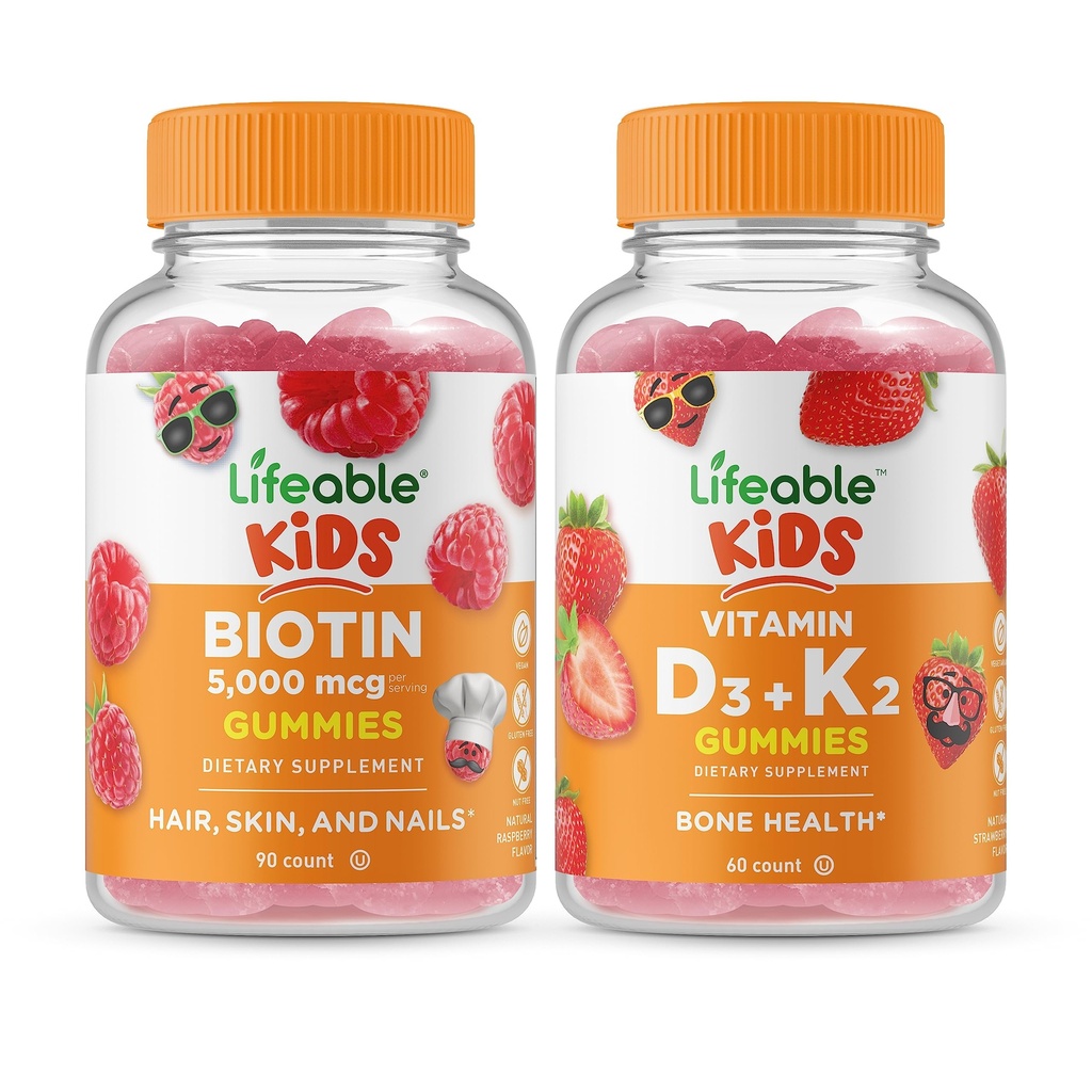 Lebensfähige Biotin Kinder + Vitamin D3 + Vitamin K2 Kinder, Gummis Bundle - Große Verkostung, Vitaminergänzung, Glutenfrei, GMO frei, Kaugummi
