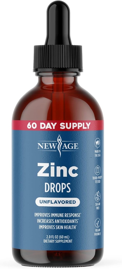 Ionische Zink-Flüssigtropfen - Hohe Potenz Immun Booster Zink-Ergänzung, Immunabwehr, Leistungsstarkes natürliches Antioxidans, Non-GMO - von New Age (Liquid 2 OZ), Packung von 1