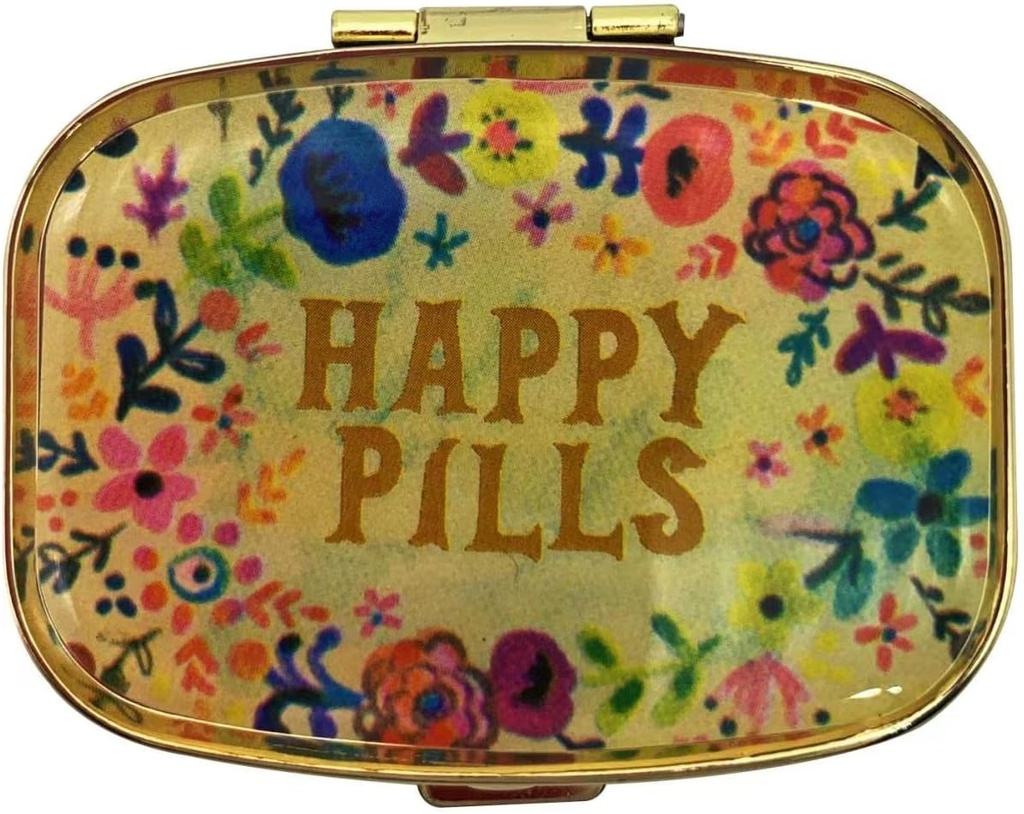 Happy Pills Pill Organizer Cute Metal Pille Case Travel Friendly Portable Compact Pill Box Pille Container Tylenol/Vitamins/Fish Oil/Supplements/Meds/Tablet für Geldbeutel/Pocket