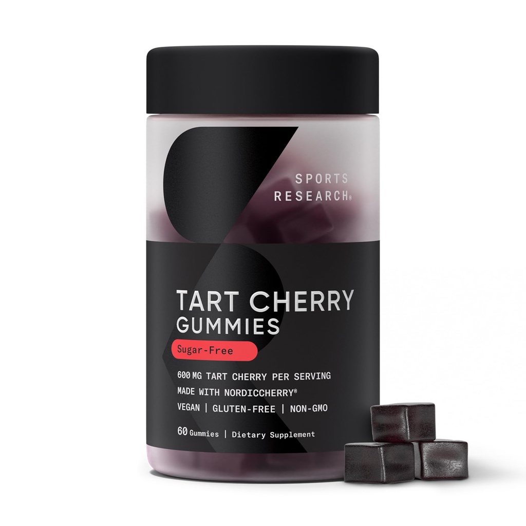 Sports Research® Tart Cherry Gummy Supplements | 600mg of NordicCherry™ | Enhanced Workout Recovery | Sugar and Sugar Alcohol Free - 60 Gummies for Adults, 1 Month Supply