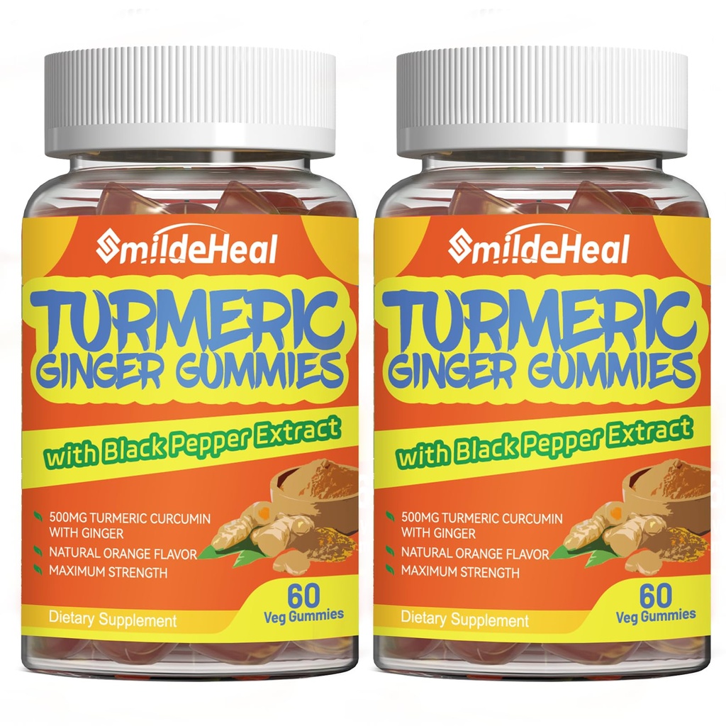 Kurkumagummis 500mg, mit Kurkuma-Root-Extrakt, Ingwer-Root, Schwarzer Pfeffer-Extrakt, Antioxidans-Unterstützung, Orange Flavor-Gummien, 60 Graf (Pack von 2)