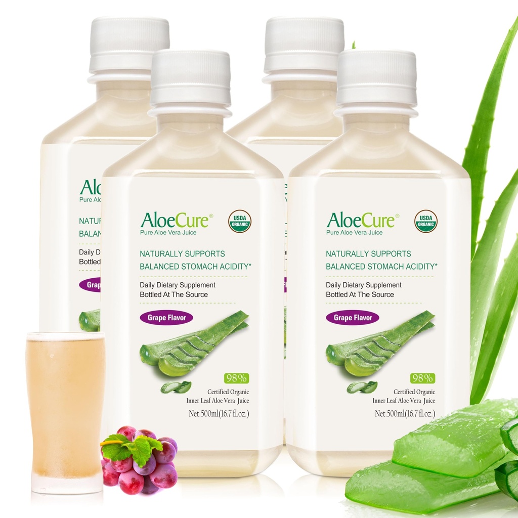 AloeCure USDA Bio Aloe Vera Saveur de raisin de jus, faite dans les 12 heures de la récolte - pur Aloe Vera supplément de santé digestif et immunitaire, aide à maintenir l'acidité équilibrée de l'estomac, 16,7oz x 4 Btls
