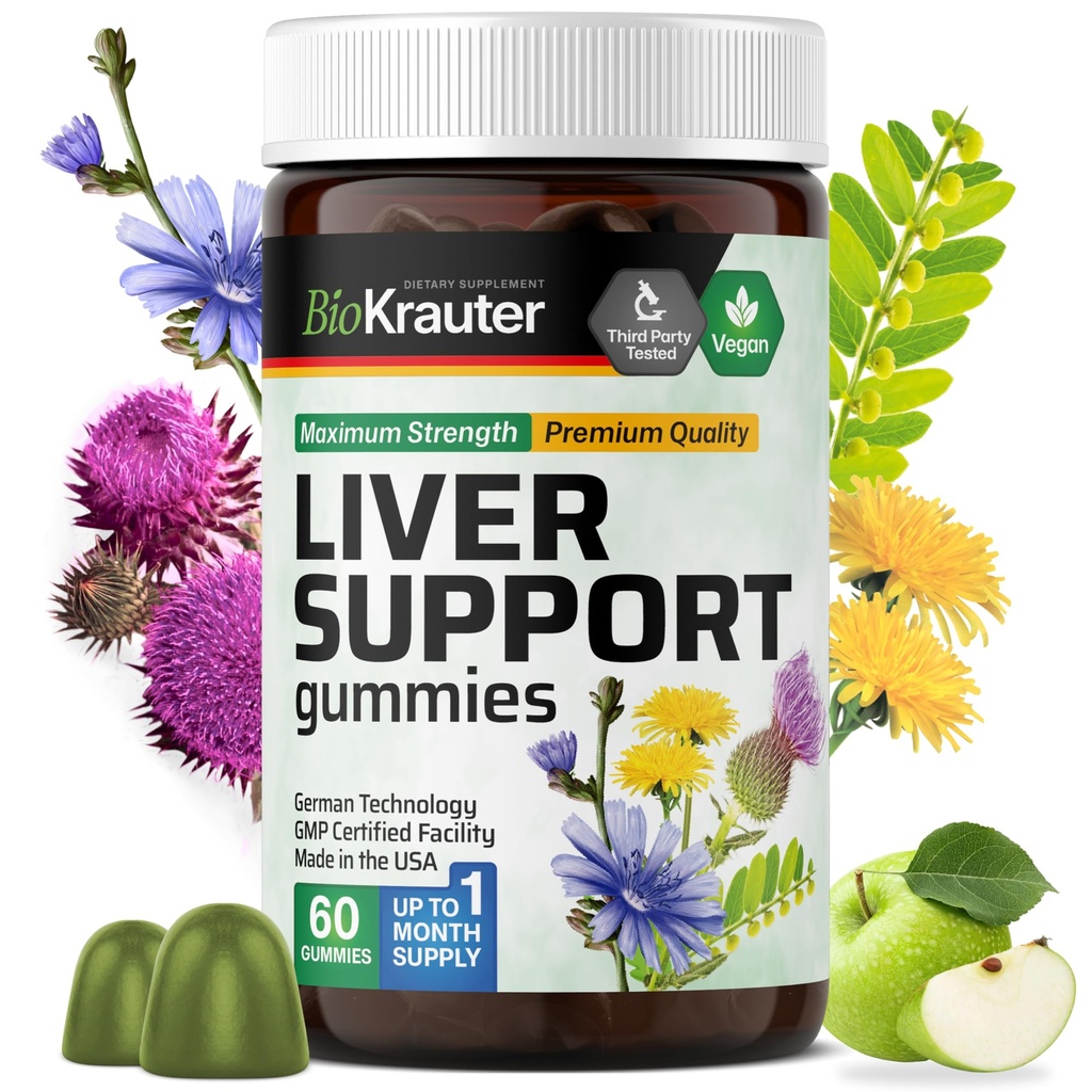 BIO KRAUTER Supplément foie Gommies - 60 Chews végétaliens avec/Thistle de lait, racine de dandelion pour le nettoyage du foie et de la désintoxication - 80% Silymarin