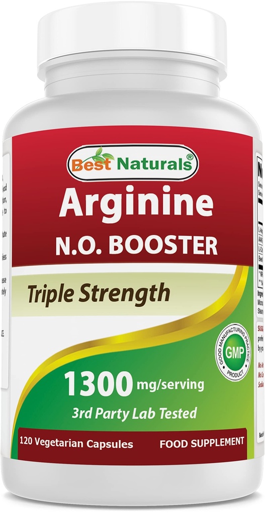 Best Naturals L-Arginine NO Booster Triple Strength 1300 mg Servant 120 gélules - Fabriquées avec L-Arginine, AAKG, L-Citrulline, poudre de betterave