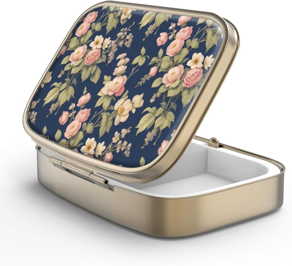 Pille Case Pille Box mit Spiegel Retro 2 Compartment Small Pill Case für Geldbörse oder Tasche Bronze Rechteckige Pille Box oder Vitamine, Fischöl, Ergänzungen, Pille Enthalten Reise-Geschenk(Retro Rose Floral)