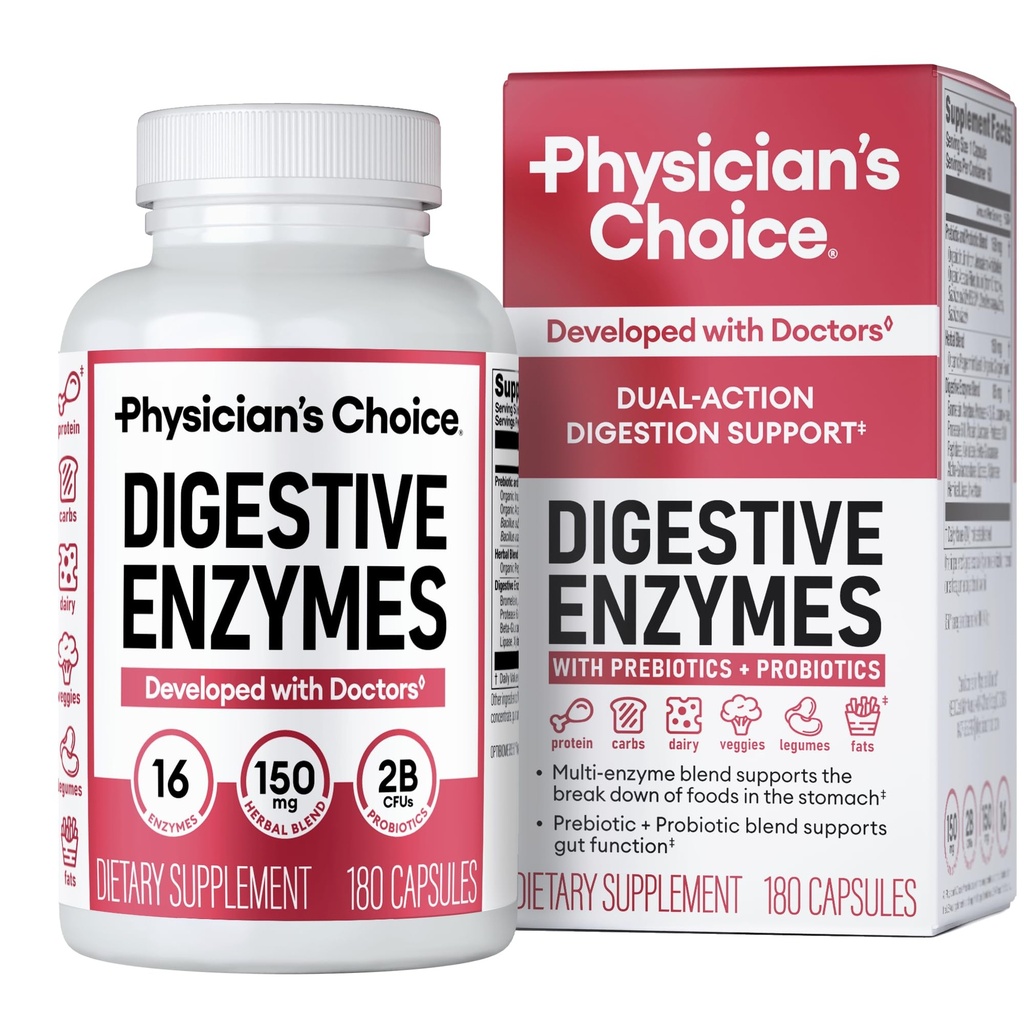Physicians CHOICE Verdauungsenzyme - Multi Enzyme, Bio-Präbiotika & Probiotika für Verdauungs- und Gutgesundheit - Meal Time Discomfort Relief & Bloating - Dual Action Approach - 180 CT
