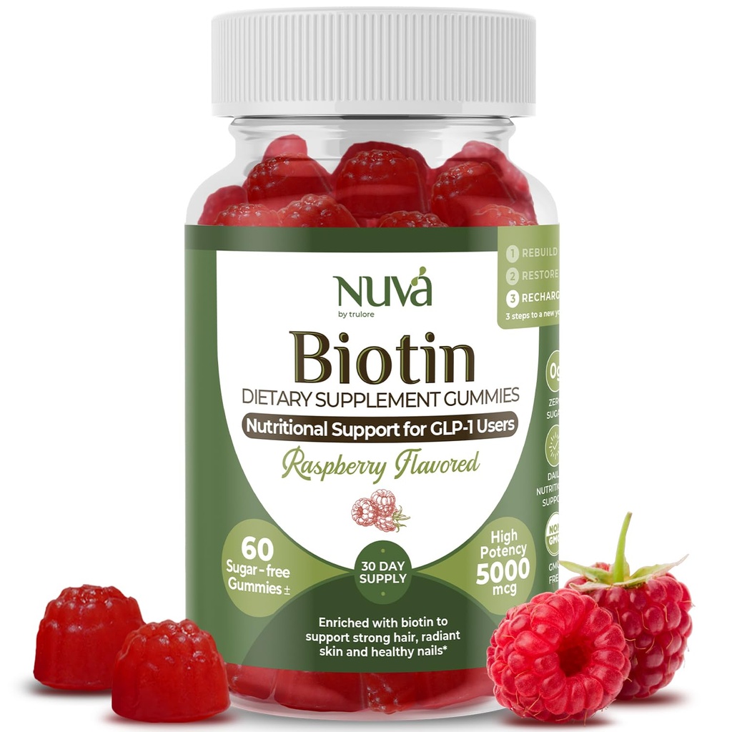 NuVa by Trulore Biotin Gummies 5000 mcg | GLP-1 Support for Hair Growth, Skin & Nails | Zero Sugar, Vegan Gummy Vitamins for Men & Women | Raspberry Flavor | 60 Gummies - 30 Day Supply