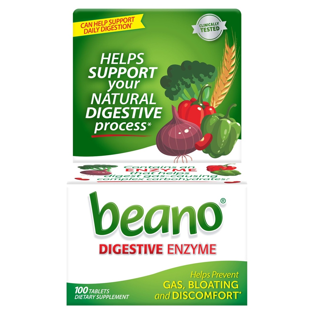 Beano Verdauungsenzym, Vorbeugende Gasentlastung für Erwachsene, hilft Gas und Bloating zu verhindern, 100 Tabletten