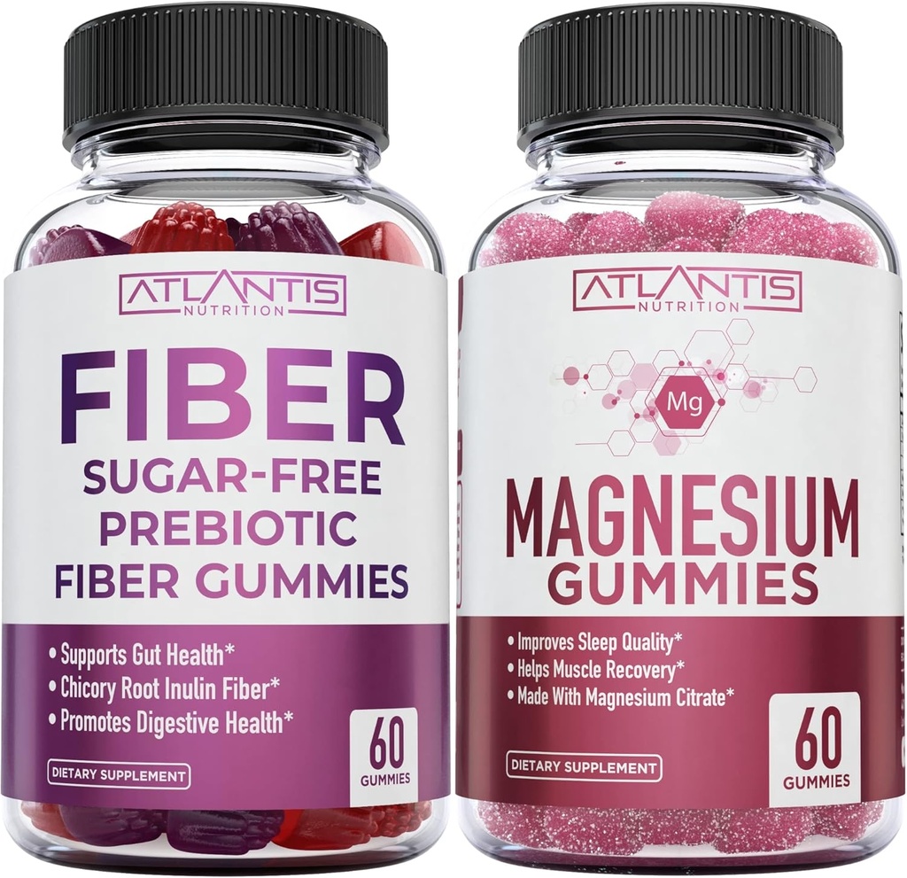 Atlantis Nutrition Sugar Free Prebiotic Fiber Gummis für Erwachsene 2-Pack (120 Gummi) + Magnesium Gummies - 770 MG Magnesium Citrate 60 Gummis