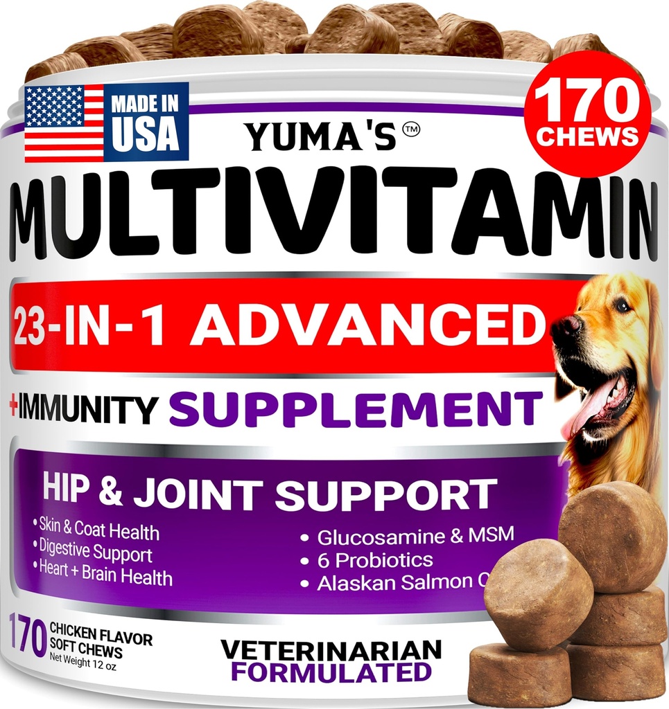 Hund Multivitamin Kaubar mit Glucosamin - Hunde Vitamine und Beilagen - 170 Treats - Senior & Welpen Multivitamin für Hunde - Hip & Joint Support - Immune Health, Haut, Herz, Verdauung, Probiotika