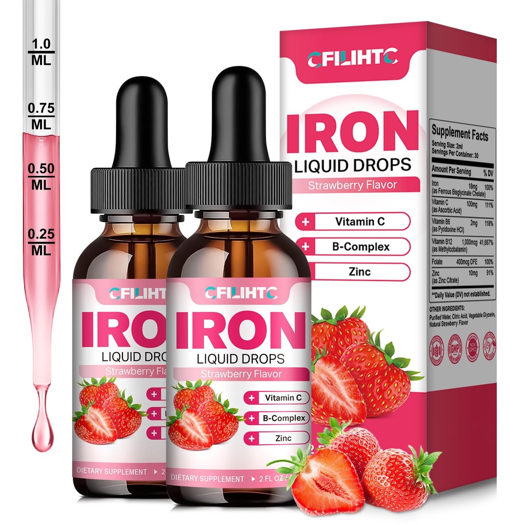 Supplément en fer liquide pour femmes hommes et enfants Multivitamine gouttes de fer avec folate, vitamine C, B6, B12, zinc pour l'anémie, carence en fer, fabricant de sang, énergie - Fraise naturelle saveur, végétalien 4 Fl Oz