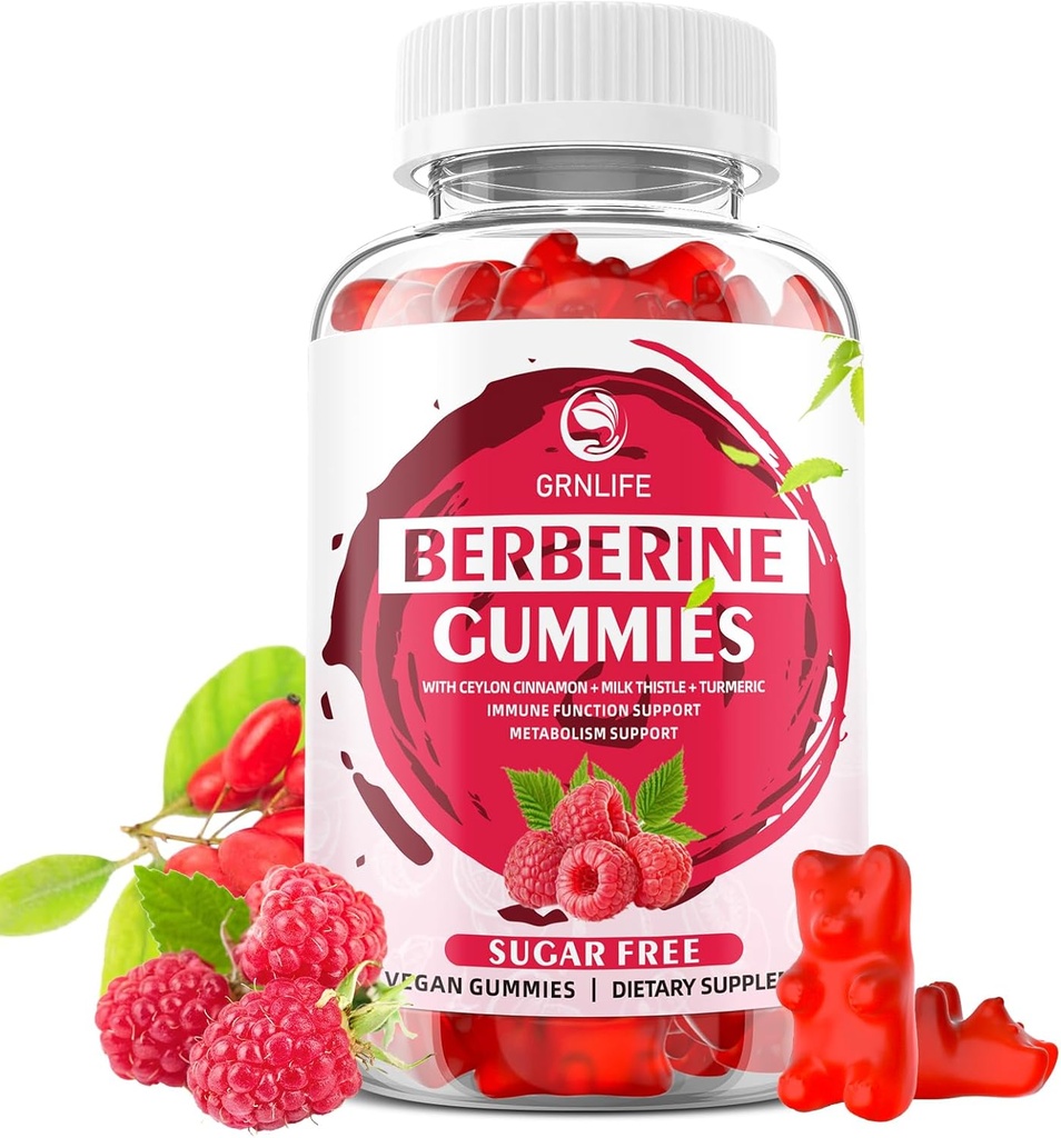 Berberine Gummis mit Ceylon Cinnamon 1500mg Hohe Potenz Berberine HCL-Ergänzung für Immun- und Stoffwechselunterstützung, Sugar Free, Raspberry Flavor - 60 Count