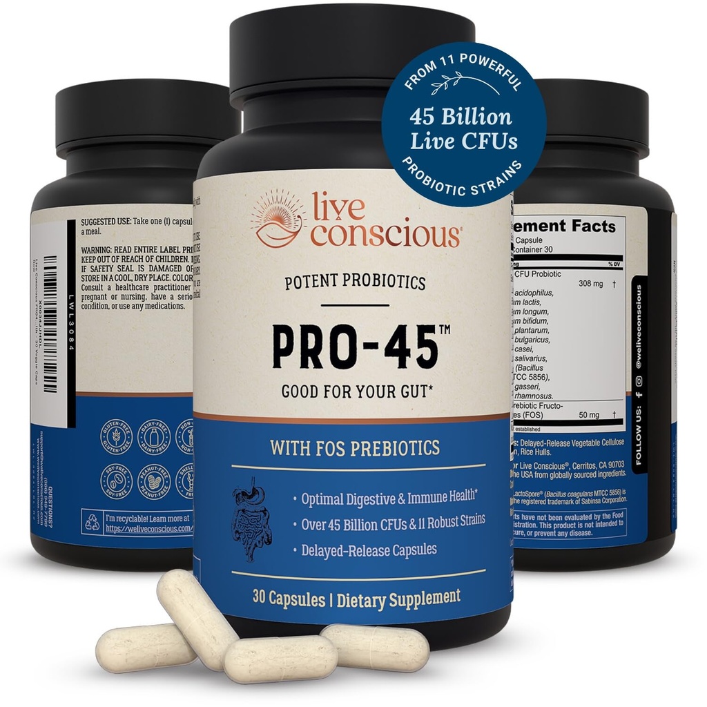 Probiotiques vivants pour les femmes et les hommes : formule complète, 45 milliards d'UFC, 11 souches, sans produits laitiers - avec/prébiotiques et probiotiques - favorise la santé immunitaire et gorgée - 30 capsules végétatives