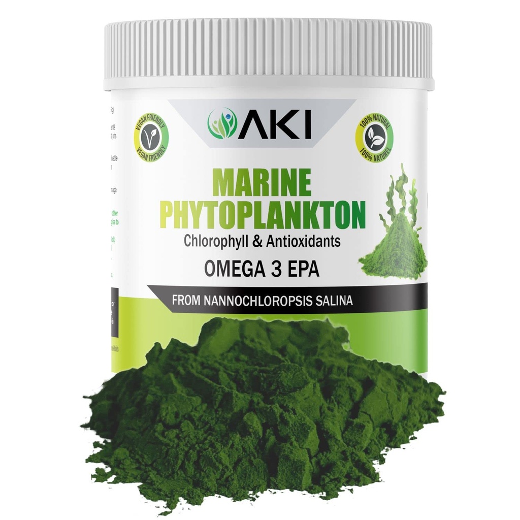 AKI Marine Phytoplankton Powder - Quelle von Roh Omega-3 EPA Micro Algae Nannochloropsis - Pflanzenbasierte Proteine, Vitamine für Gesamt-Wellness - Komplette Proteinquelle, Vegan & GMO Free (2oz/57g)