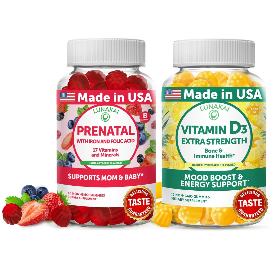 Lunakai Prénatal et Vitamine D3 Gommies Bundle - Grossesse Gommy multivitamine avec acide fer et folique - Immunité, os et l'humeur Supplément de soutien pour les adultes - 30 jours d'approvisionnement