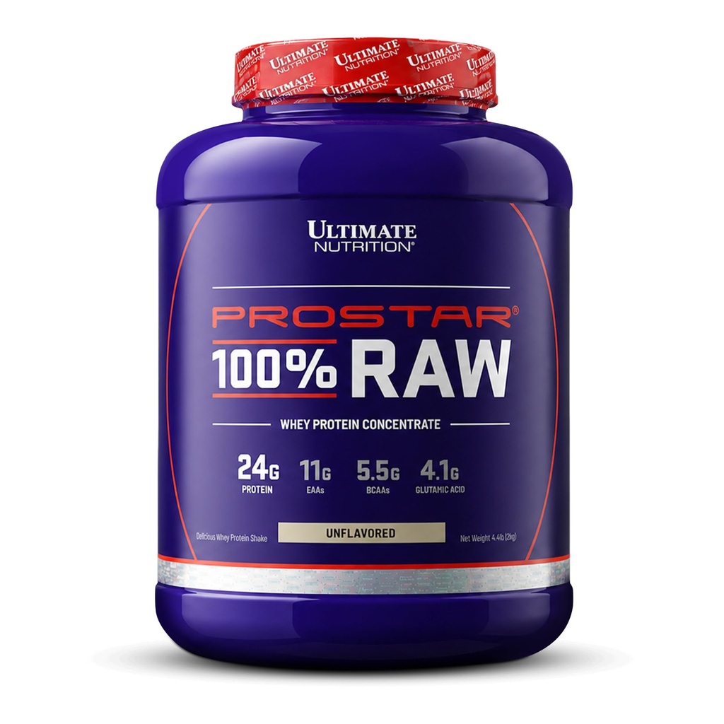 Ultimate Nutrition Prostar Raw Whey Protein Concentrate Powder, Low Carb, Low Fat, Keto Friendly, 24 Grams de protéines par portion avec 5,5 Grams de BCAA, Sans aromatisé, 67 portions, 4,4 livres