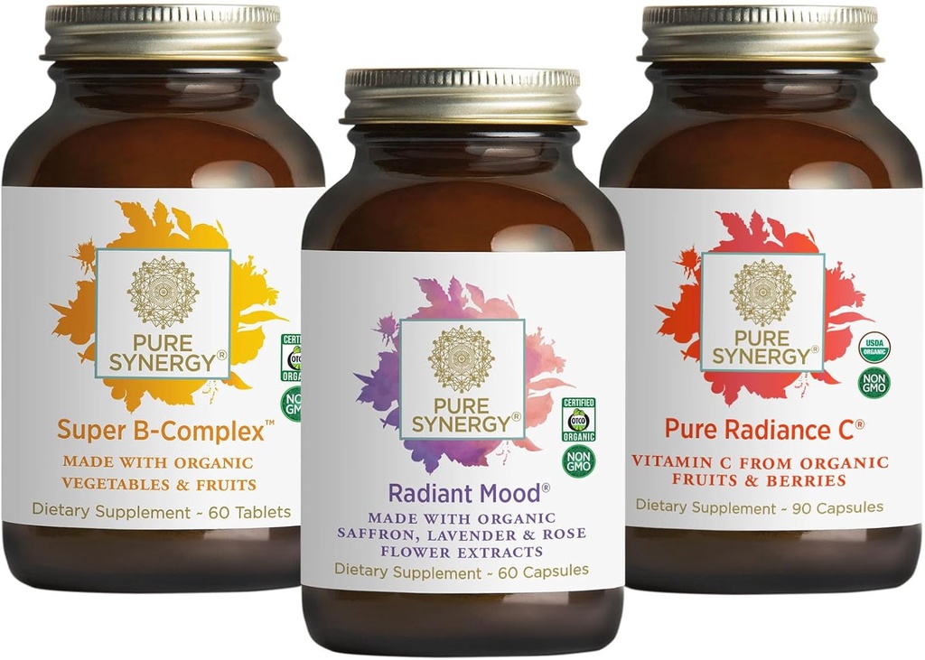 PURE SYNERGY Mood and Adrenal Support Bundle , Supplément de soutien d'humeur avec extrait de safran biologique USDA Biologique Vitamine C , Complexe Vitamine B avec des aliments entiers , non OGM et végétalien