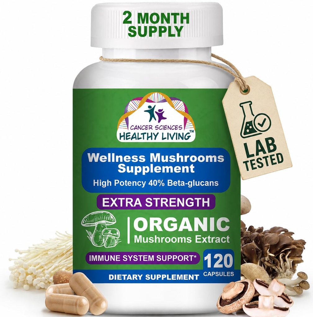 Cancer Sciences Organic Mushroom Supplement Capsules - 1500mg Complexe de champignons non-OGM Wellness 40% Beta-Glucans - Turkey Tail, Reishi, Cordyceps, Chaga Extrait pour le cerveau et le soutien immunitaire 120 Capsules