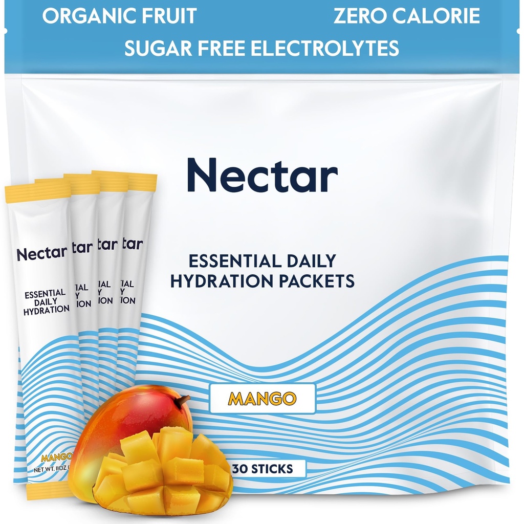 Paquets d'hydratation Nectar - Paquets de poudre d'électrolytes - Sans sucre & 0 Calorie - Fruits organiques liquides IV Poudre d'électrolytes pour déshydratation et réhydratation rapide (Mango 30 Pack)