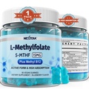 L-MethylFolate 15mg & Methyl B12 Gummie, Methylierte B1, B2, B6 Multivitamine - Aktive 5-MTHF & Hohe Absorption - Unterstützt MTHFR Gene, Kognition, Homocystein Levels, Folate Metabolism, Vegan, 60 Cts