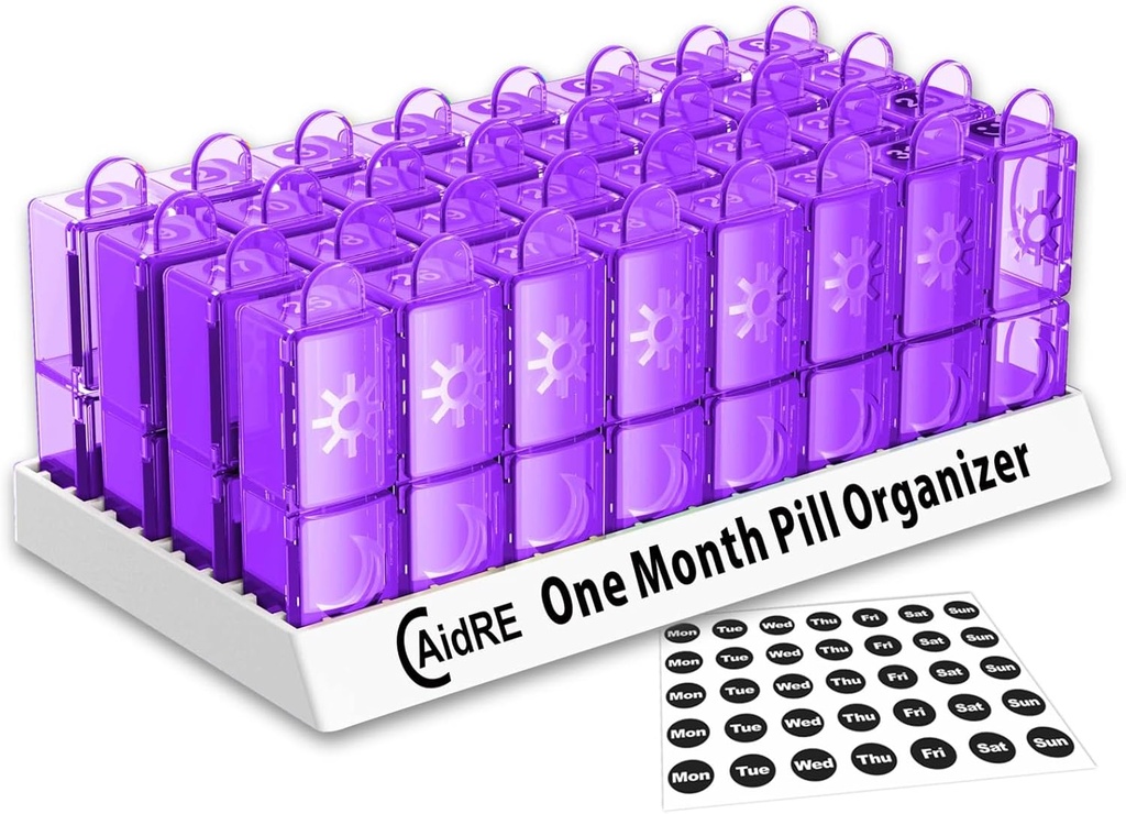 Monatliche Pille Organizer 31 Tag AM – Ein Monat Pille Fall für Medikamente, Vitamine & Ergänzungen – Einfache offene tägliche Pille Box Organizer, 2 mal pro Tag Pillenspender, Lila