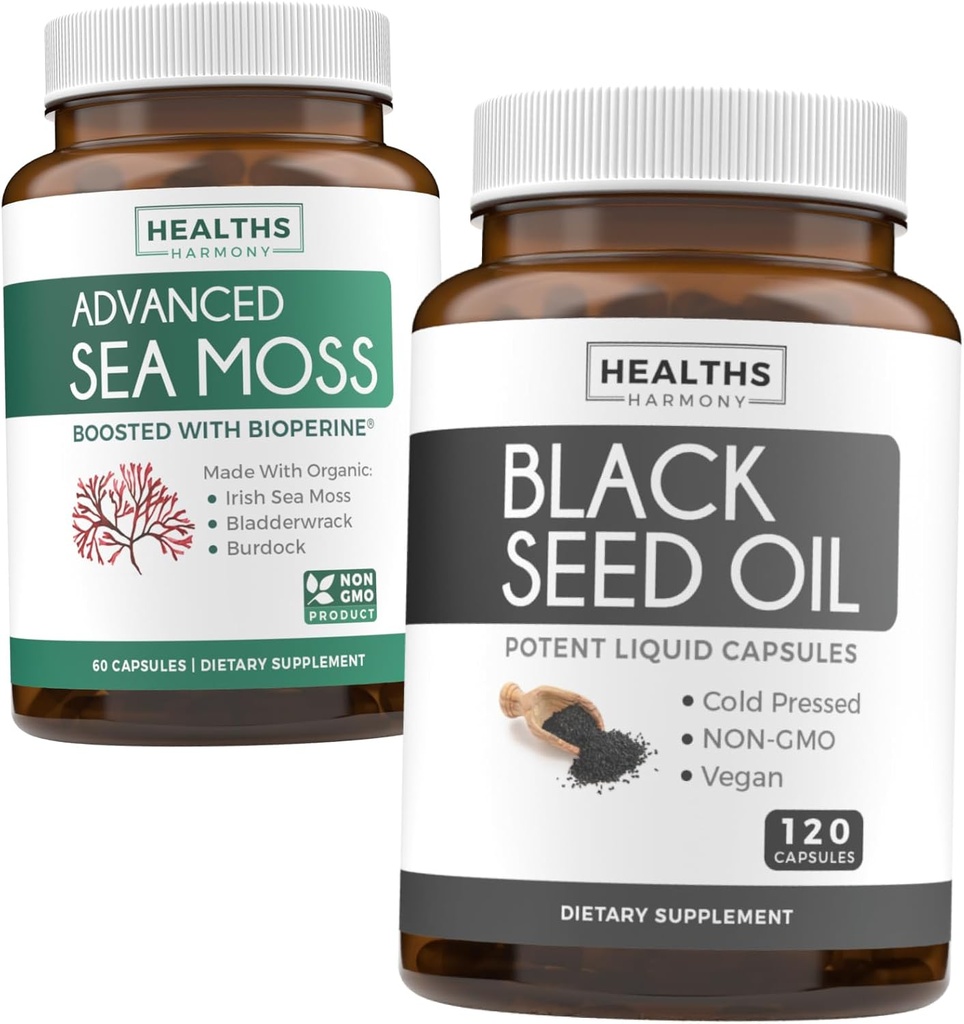 Graines noires et mousse de mer (1-Mois d'approvisionnement) Nourriture de la nature Groupe d'huile de graines noires 120 Capsules de softgel (non OGM et végétalien) Nigella Sativa à pression froide et capsules de mousse de mer irlandaise (non OGM et biologique)