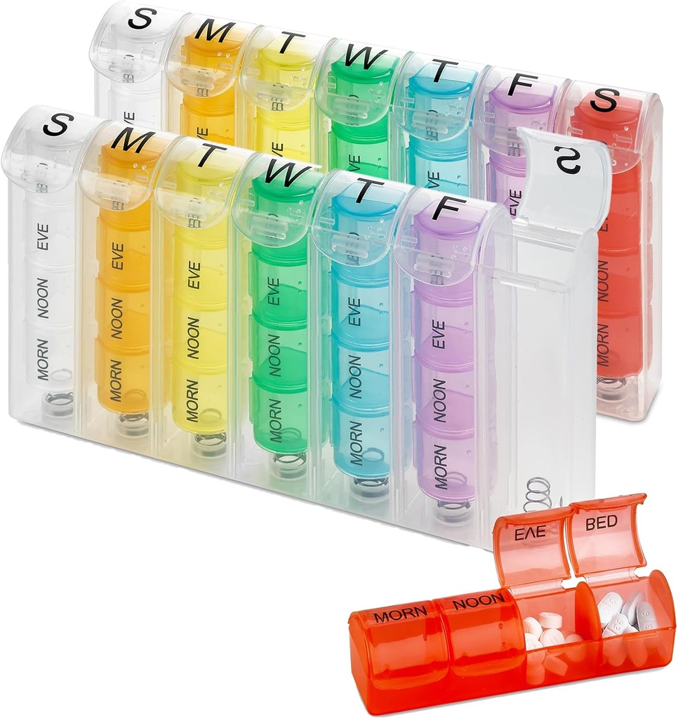 Organisateur hebdomadaire de pilules - (paquet de 2) Planificateurs de pilules pour pilules et vitamines chaque jour Semaine, quatre rappels de médicaments par jour, facile à lire Compartiments AM/PM du lundi au dimanche pour les voyages et la chasse