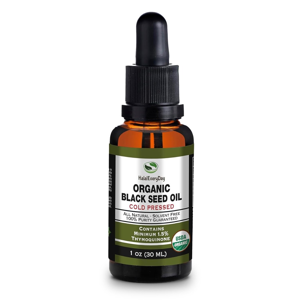 Huile de graine noire biologique - Bouteille de verre pressée à froid certifiée USDA Plus de 1,5% Thymoquinone 3X résistance Cumin noir turc Nigella Sativa non-OGM 100% huile de grain noir pur (1oz bouteille de goutteur en verre)