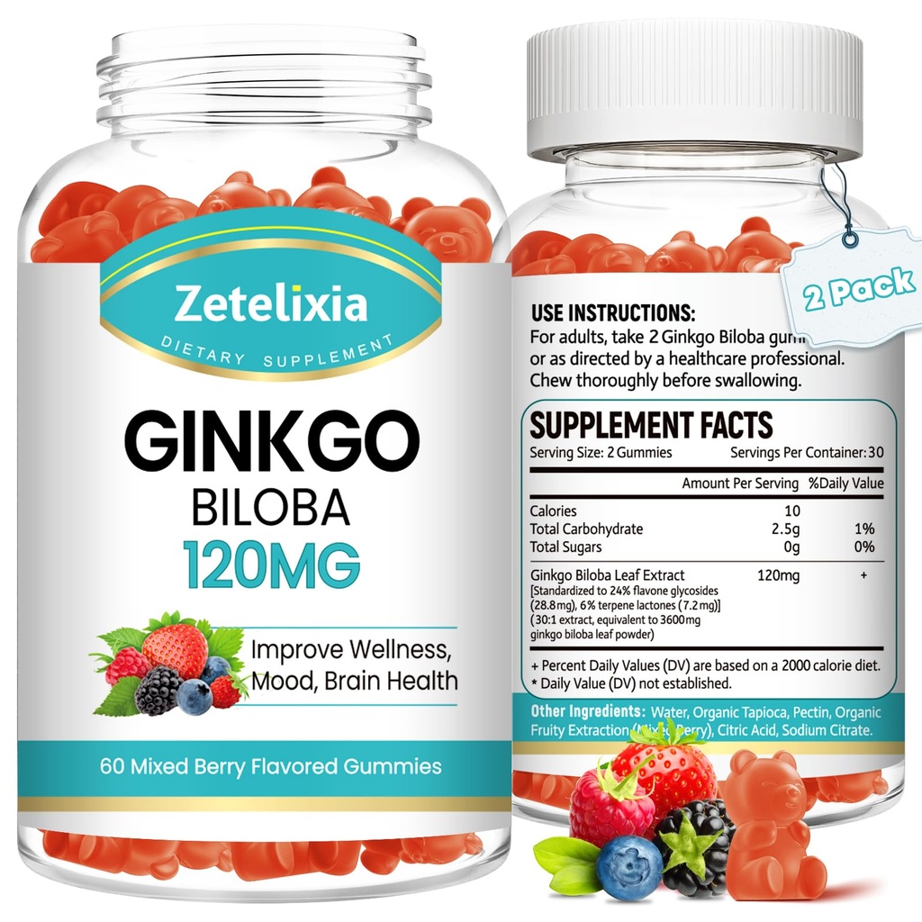 2 Pack Ginkgo Biloba Gummies for Women and Men, Brain Supplement Improve Better Mood and Focus, Vegan Mixed Berry Flavor 120 Count
