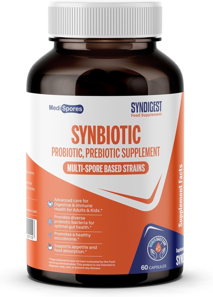 Syndigest probiotique soin quotidien pour les femmes et les hommes avec double bénéfice de 5 souches probiotiques et prébiotiques, équilibrer la santé intestinale et soulage la constipation, voyage amical, 60 capsules (2 milliards d'UFC/serveur)