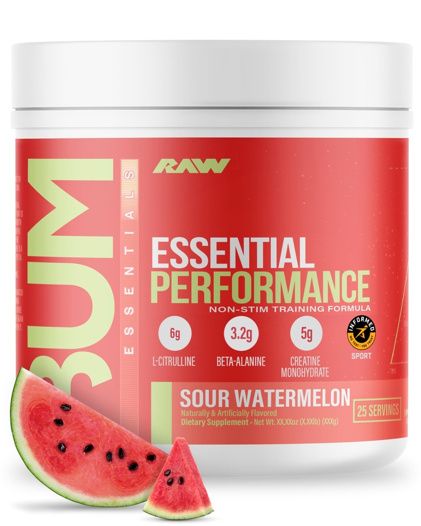 RAW Essential Performance Non-Stim Pre-Workout Powder - Preworkout for Endurance Strength & Focus Without Caffeine or Stimulants - Creatine Monohydrate, L-Citrulline & Beta Alanine - Sour Watermelon