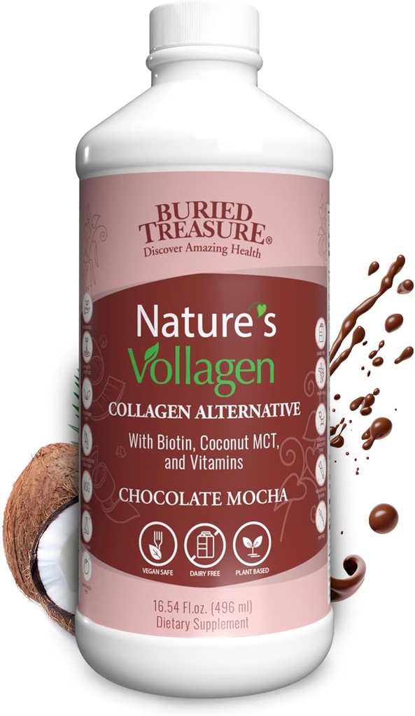 Buried Treasure Nature's Vollagen – 2000mg Vollagen Complex, Haut, Haare und Gelenke Gesundheit, 100% Pflanzenbasiert, Glutenfrei, Sojafrei, Dairy-frei, Schokolade Mocha Flavor, 16oz Flüssigkeit