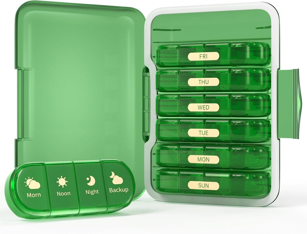 Weekly Pill Organizer 4 Times a Day, 7 Day Pill Box 4X, Portable for Travel Pill Case for Pills/Vitamin/Fish Oil/Medication/Supplements (4x7 Green)