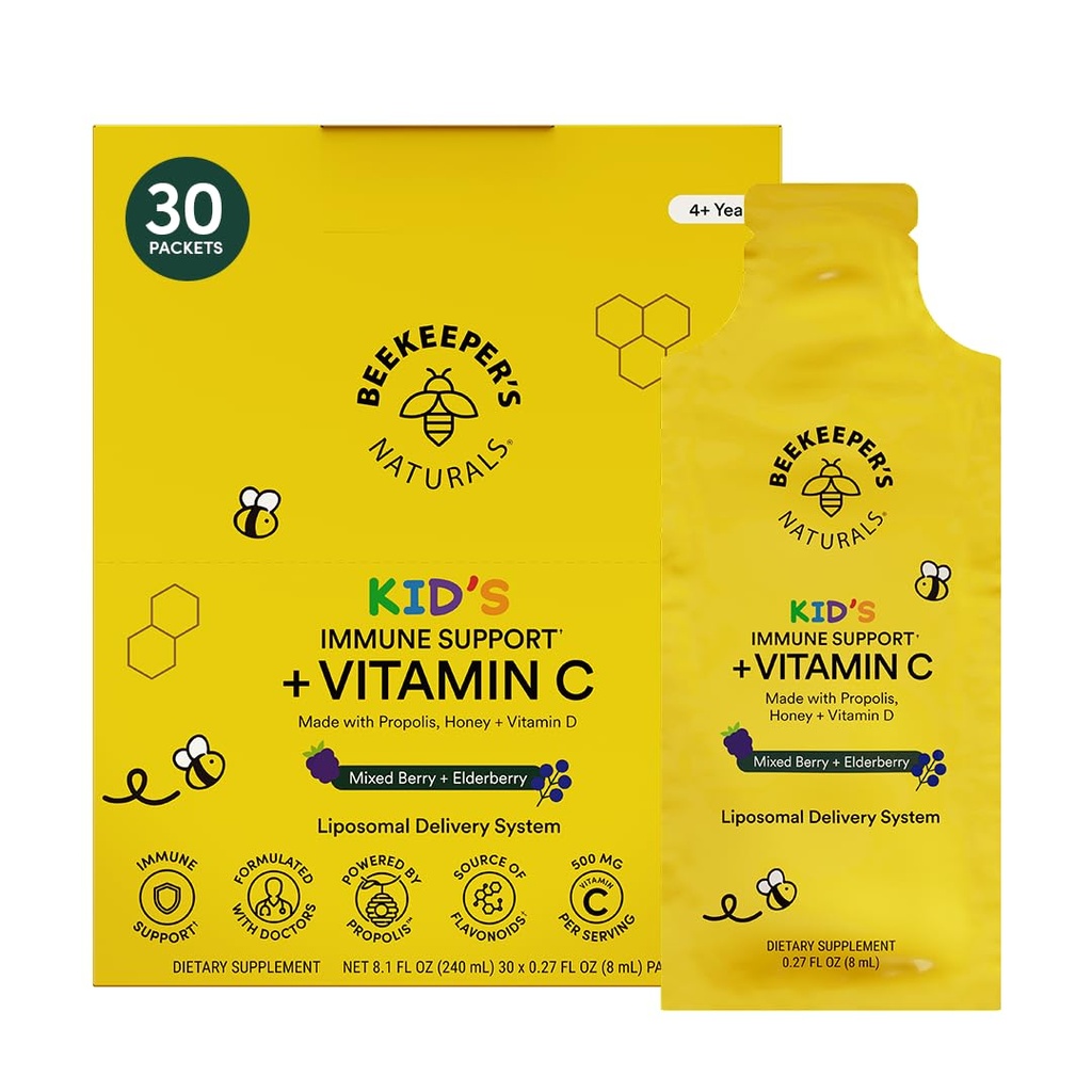 Beekeeper's Naturals Kid's Immune Liposomal Vitamin C, 500 mg Vitamin C, Elderberry, Vitamin D, Propolis & Honey, Kid-Friendly Immune Support - Mixed Berry Flavor, Easy to Use, Bioavailable, 30 Ct