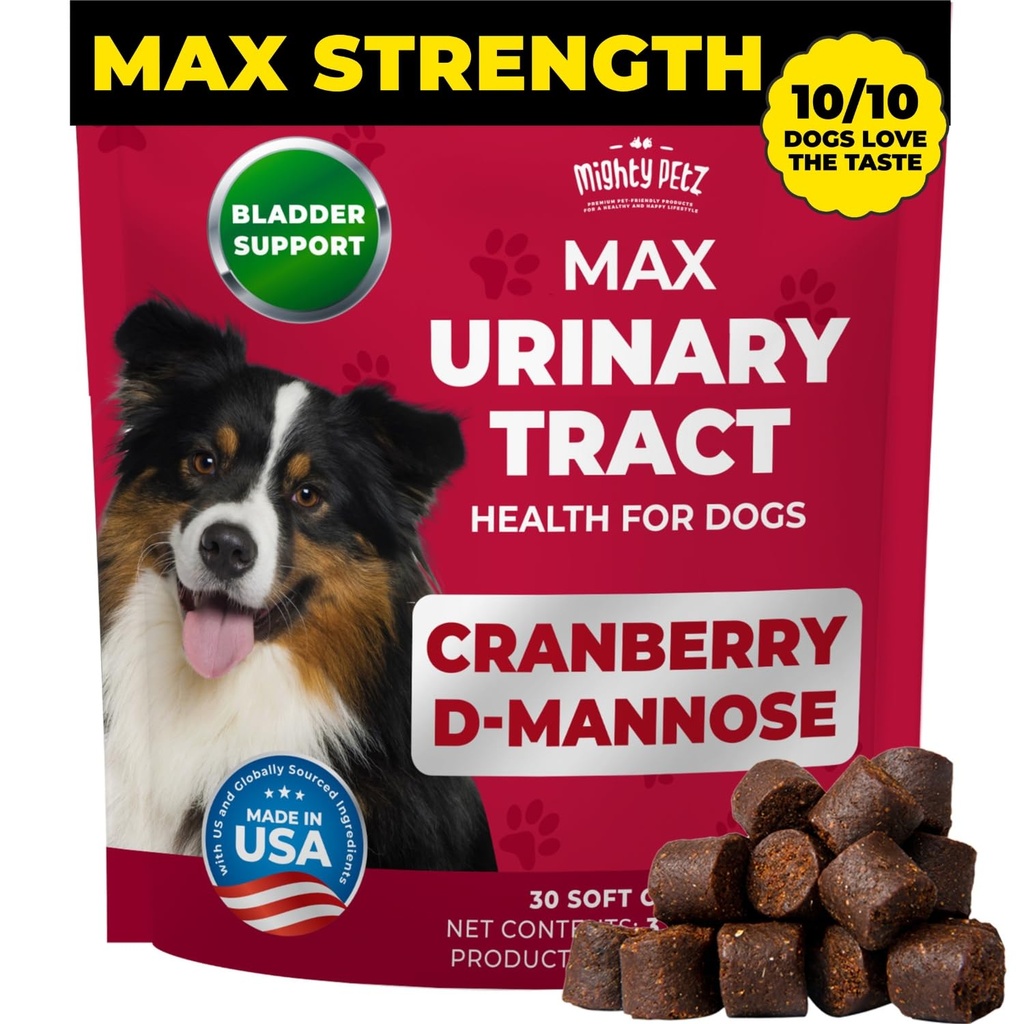 Mighty Petz MAX Cranberry für Hunde UTI Behandlung - MAX Stärke Cranberry Ergänzung für Hunde + D-Mannose. Blasenkontrolle für Hunde. Urinary Tract Care & Kidney Support Chews