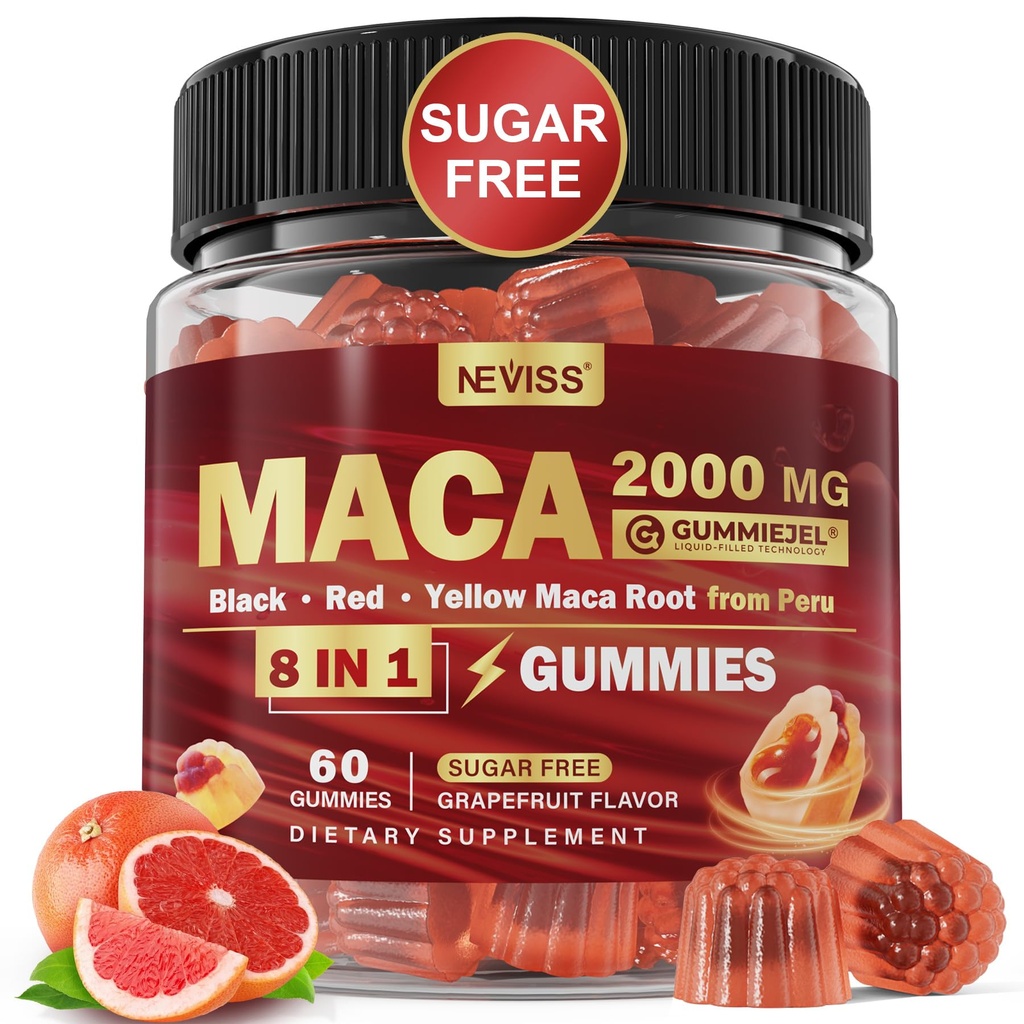 Maca Root Filled Gummies 2000mg für Frauen Männer | Sugar Free | Organic Black, Red, Yellow Maca Root Supplement Gummy Chews mit Ashwagandha Ginseng & Zink | Vegan, Non-GMO, Grapefruit Flavor, 60 Count