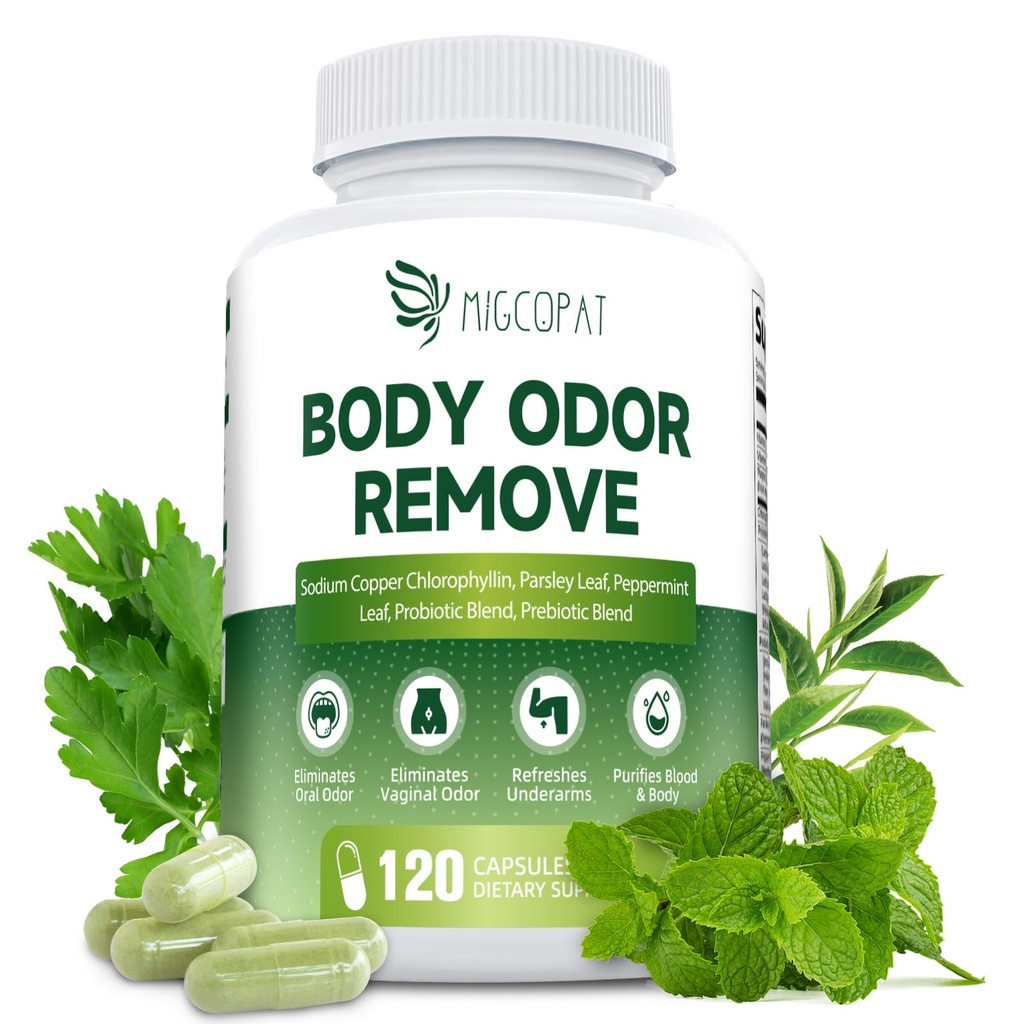 Chlorophyll Body Deodorizing Supplement, Chlorophyll Capsules with Parsley & Peppermint, Probiotic, Green Tea, Jerusalem Artichoke, Prebiotic, Supports Fresh Breath & Whole-Body Freshness, 120 Caps