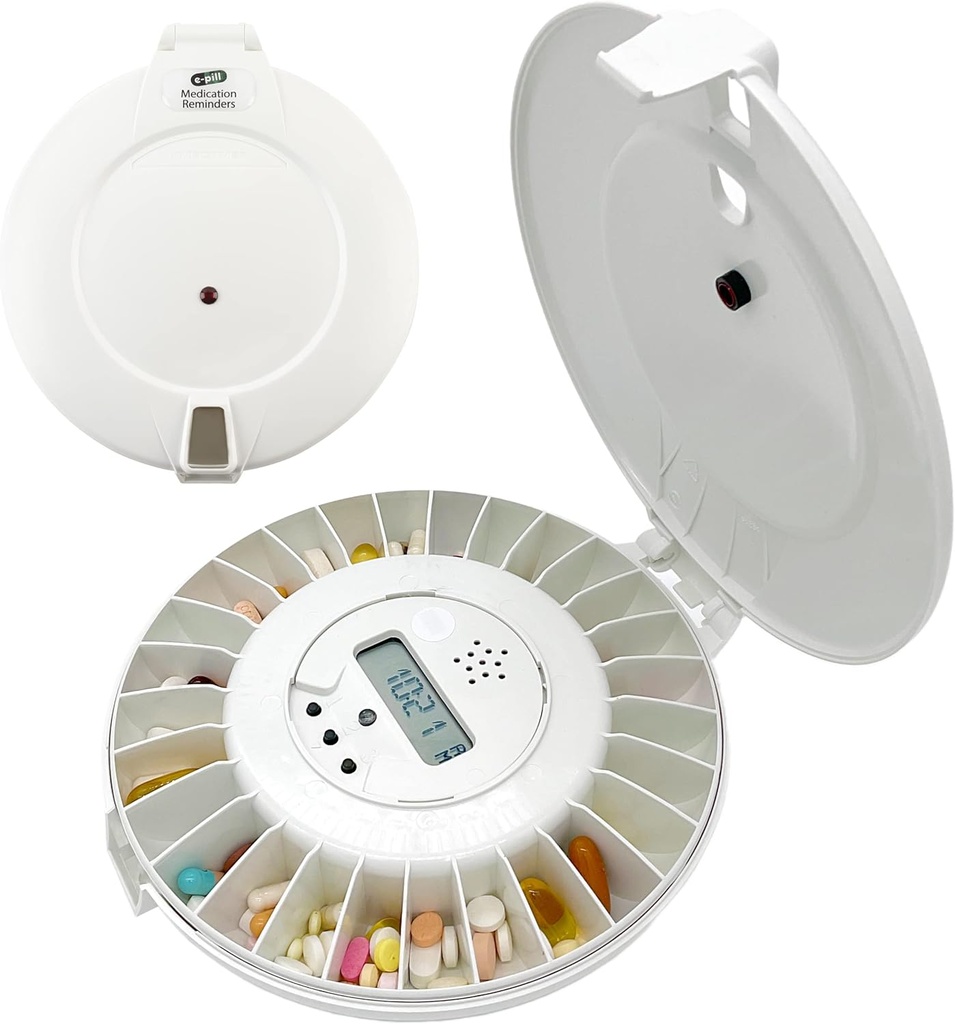 E-Pill MedTime Verrouillé Distributeur automatique de pilules – Organisateur de médicaments sécurisé et facile à utiliser avec 24 alarmes quotidiennes – Idéal pour les personnes âgées, la démence et les soins d'Alzheimer – Blanc